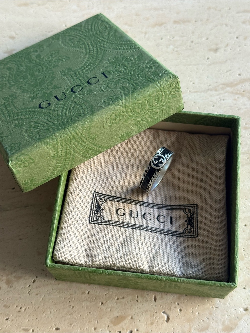 NWT GUCCI INTERLOCKING G RING STERLING SILVER BLACK ENAMEL DESIGNER SIZE: 19 - Picture 12 of 12
